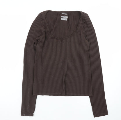 Wild Fable Women Brown Ribbed Long Sleeve Scoop Neck Top Size L