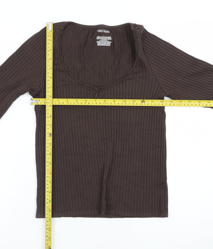 Wild Fable Women Brown Ribbed Long Sleeve Scoop Neck Top Size L