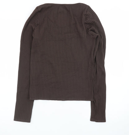 Wild Fable Women Brown Ribbed Long Sleeve Scoop Neck Top Size L