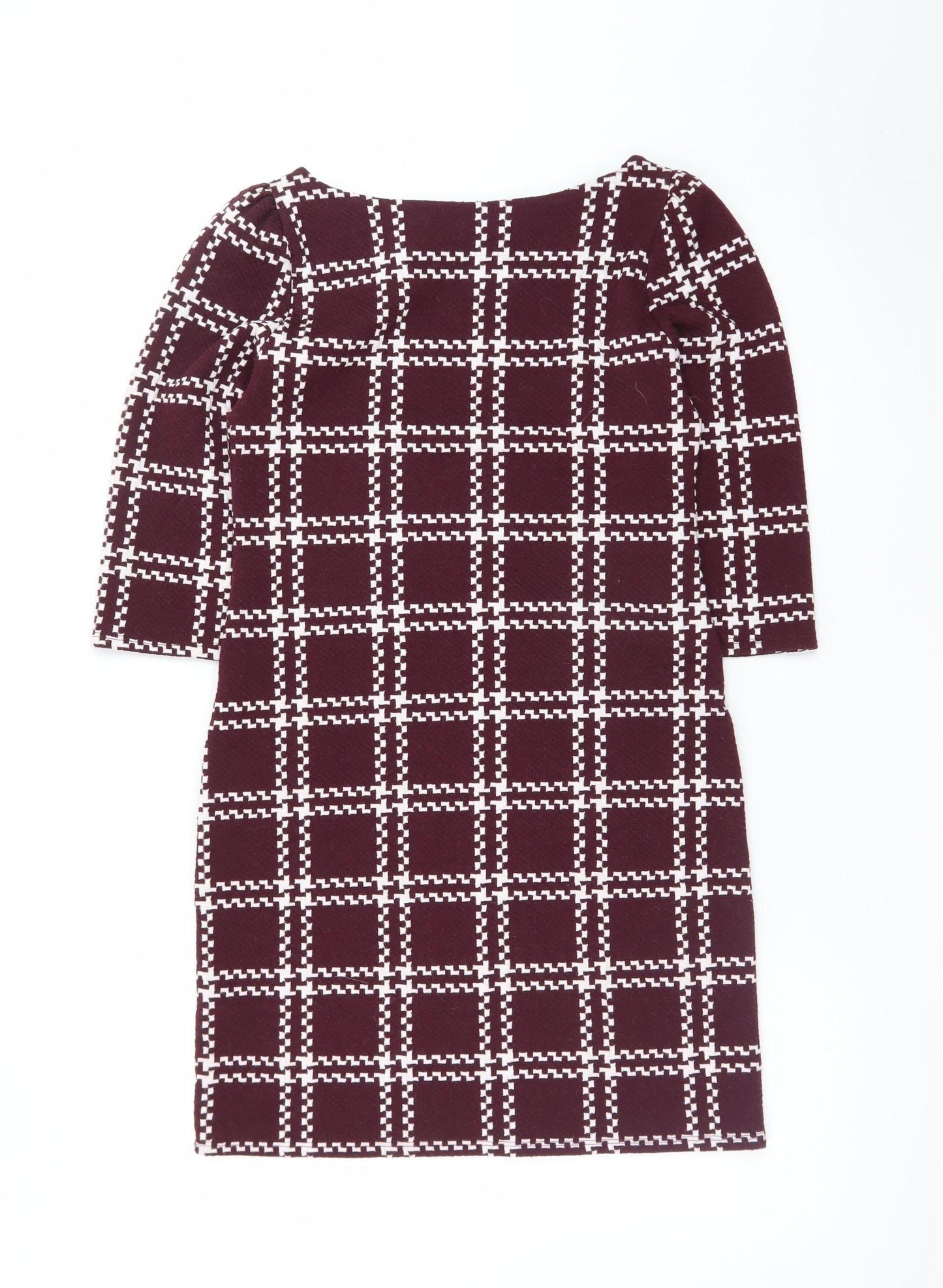 New Look Women Burgundy Check Shift Dress Size 6 3/4 Sleeve