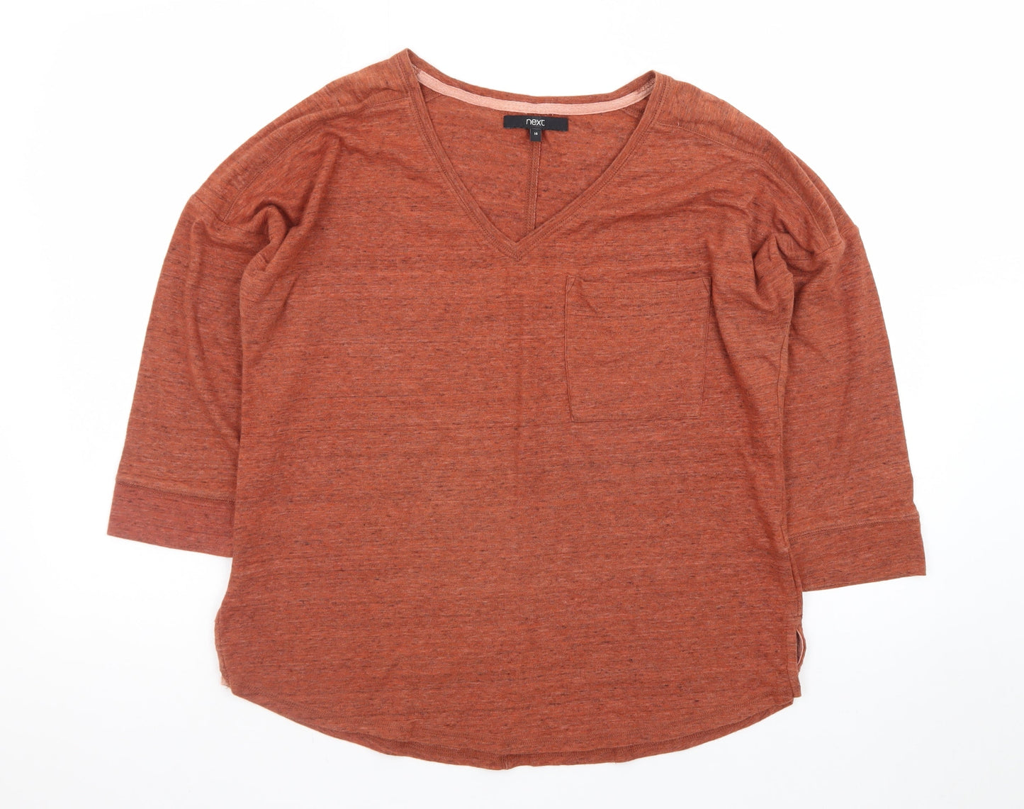 Next Women Brown V-Neck 3/4 Sleeve Cotton Blend Jersey T-Shirt Size 14