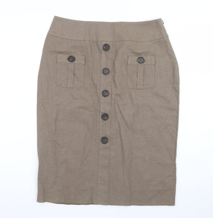 Rosetti Women Brown Linen Blend Button Front Pencil Skirt Size 10
