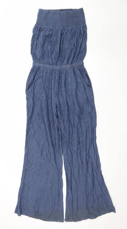 Next Women Blue Cotton Strapless Wide-Leg Jumpsuit Size 14