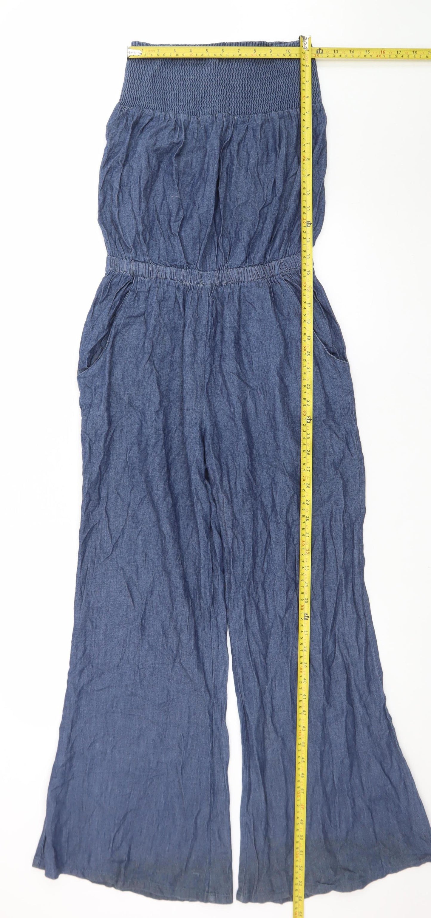 Next Women Blue Cotton Strapless Wide-Leg Jumpsuit Size 14