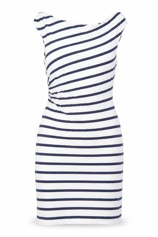 LOFT Women's White Navy Striped Bodycon Dress M Boat Neck Summer