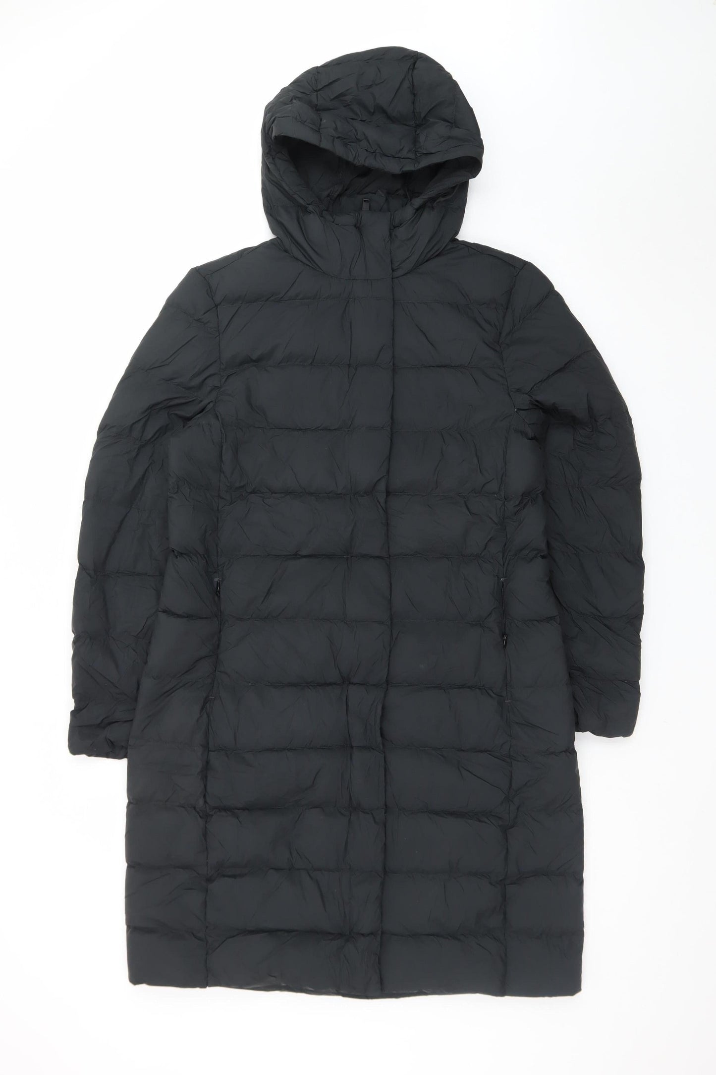 Marks and Spencer Womens Black Long Puffer Coat Size 12 Hooded Down