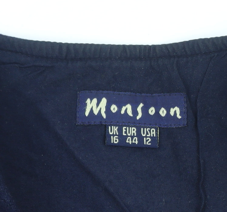 Monsoon Women Blue Embroidered Velvet Floral Vest Size 16
