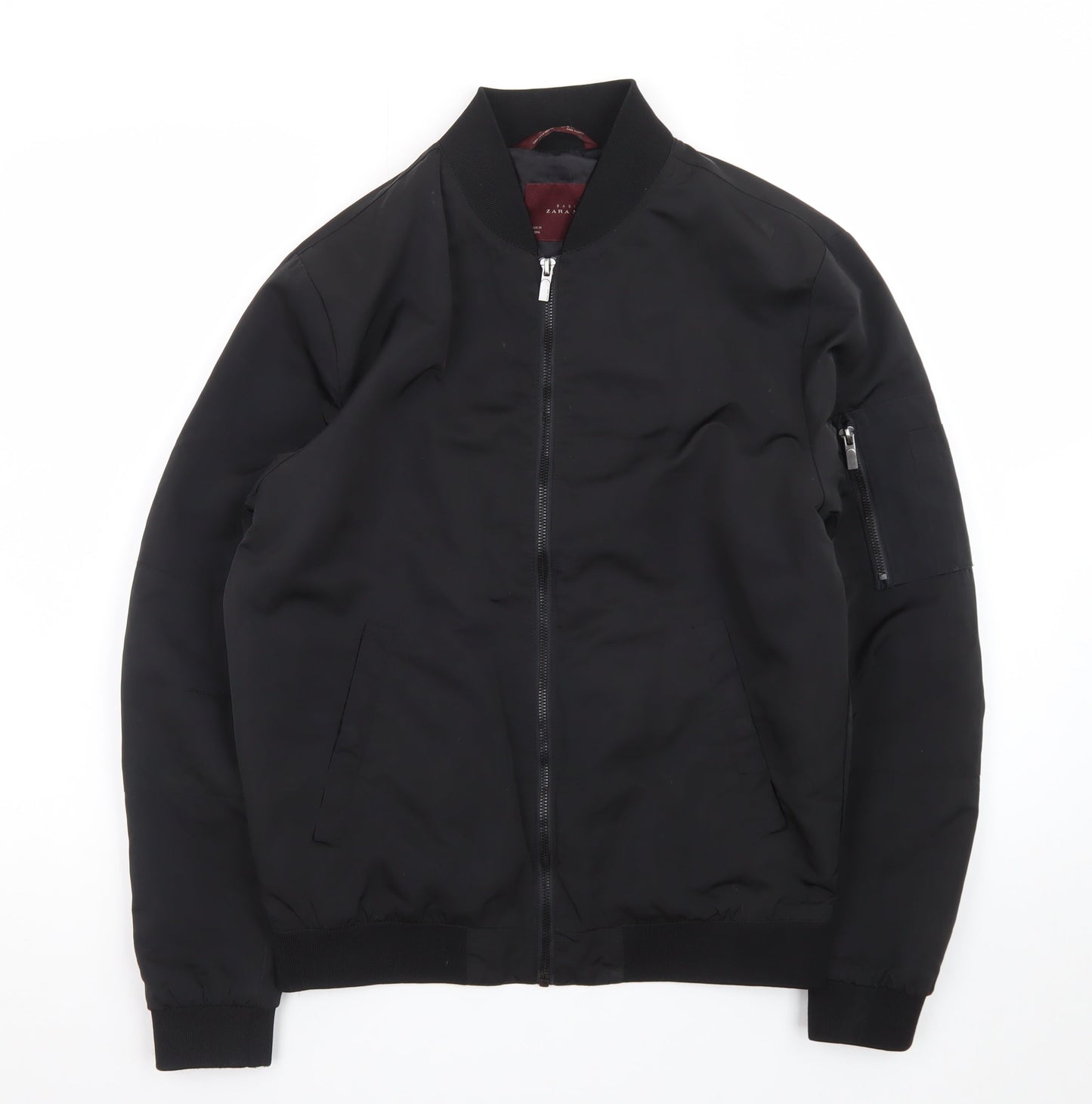 Zara Man Black Bomber Jacket Men's M Regular Fit Polyester Zip-Up