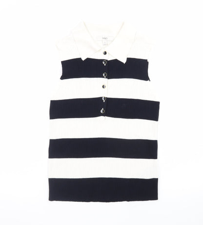 Marks and Spencer Women's Black and White Striped Sleeveless Collared Button-Up Top Size 14