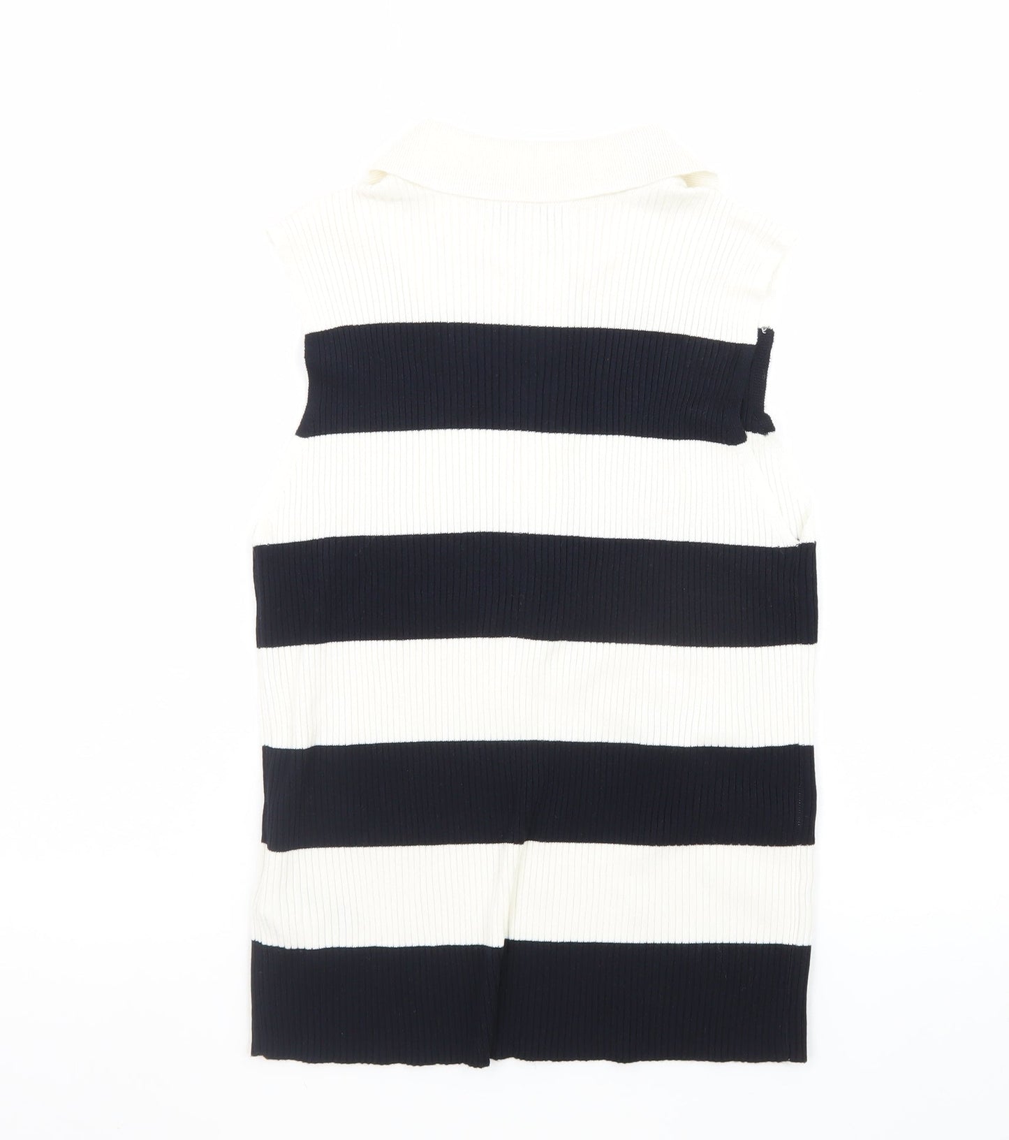 Marks and Spencer Women's Black and White Striped Sleeveless Collared Button-Up Top Size 14
