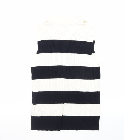 Marks and Spencer Women's Black and White Striped Sleeveless Collared Button-Up Top Size 14
