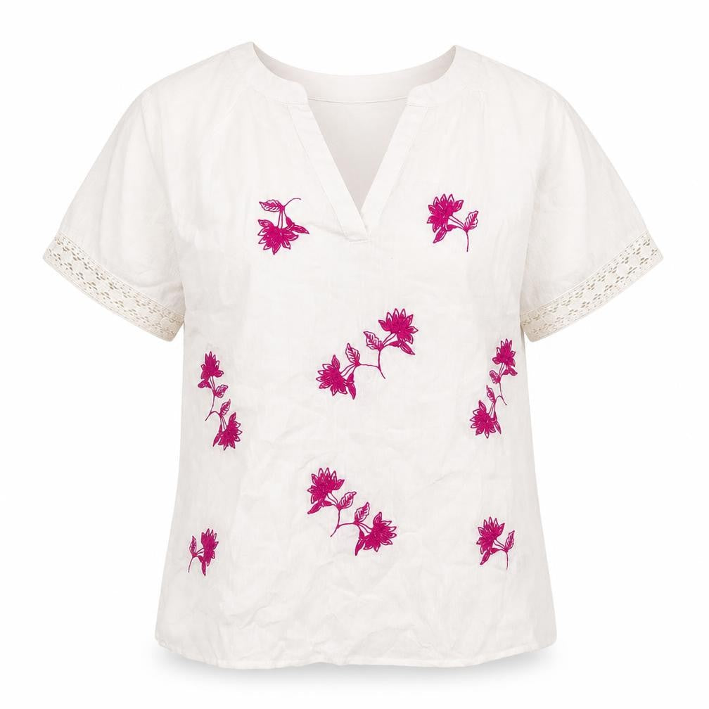 Cotton Traders Womens White Embroidered Floral Tunic Blouse Size 8