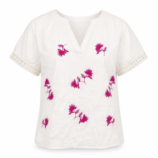 Cotton Traders Womens White Embroidered Floral Tunic Blouse Size 8