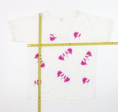 Cotton Traders Womens White Embroidered Floral Tunic Blouse Size 8