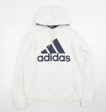 Adidas Mens White Pullover Hoodie L Logo Sports Fleece Sweatshirt