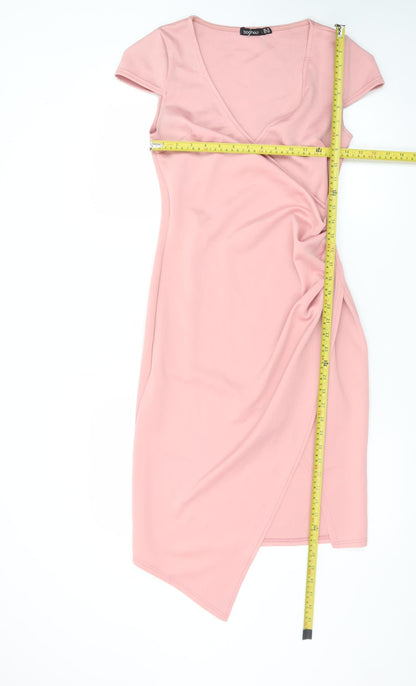 Boohoo Women Pink Size 10 Wrap Dress Short Sleeve Ruched Jersey