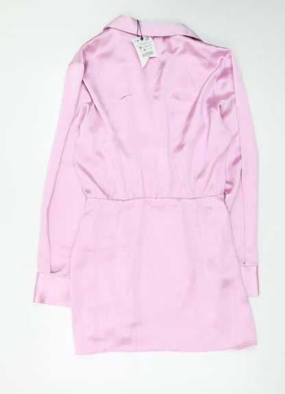 Zara Womens Pink Satin Wrap Mini Dress Size 12 Long Sleeve Party