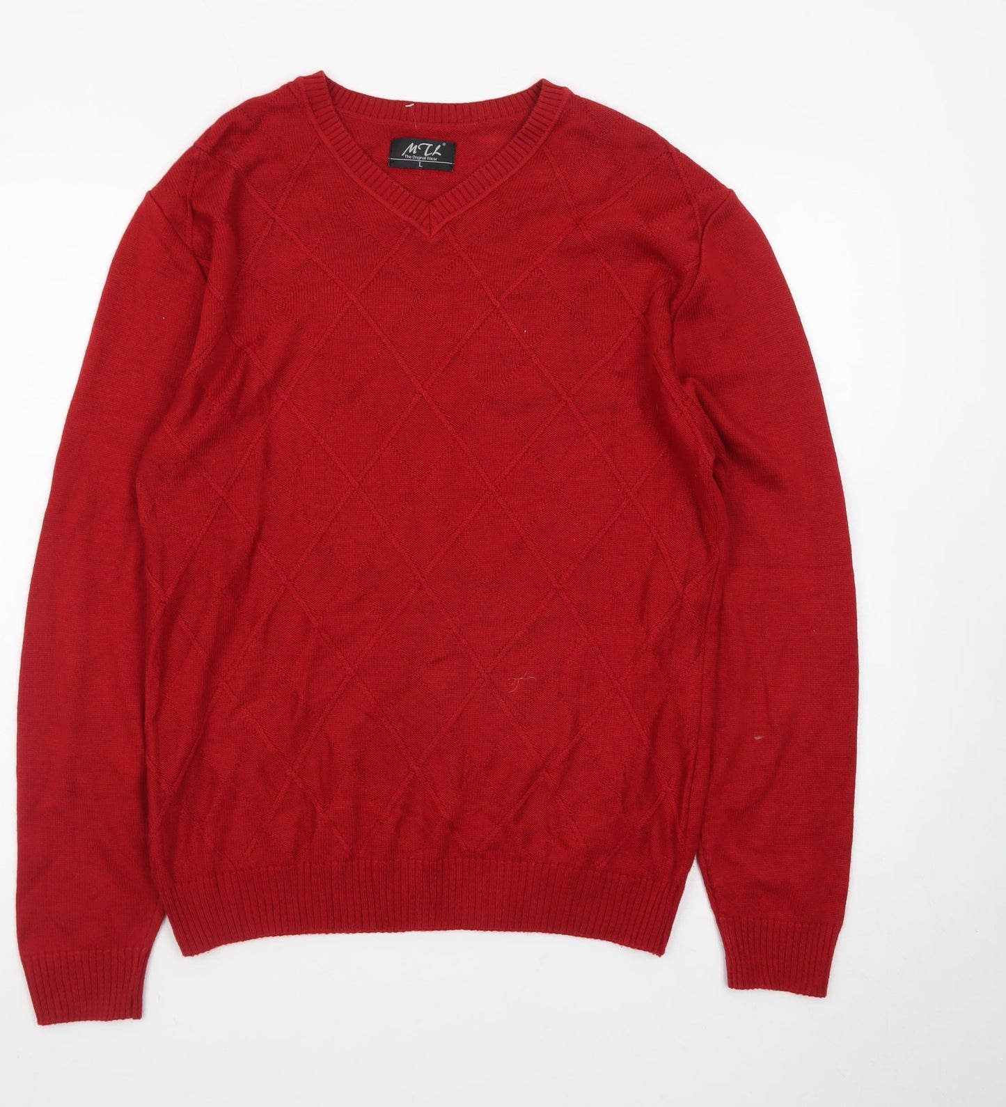MTL Men's Red V-Neck Argyle Knit Pullover Jumper Size L