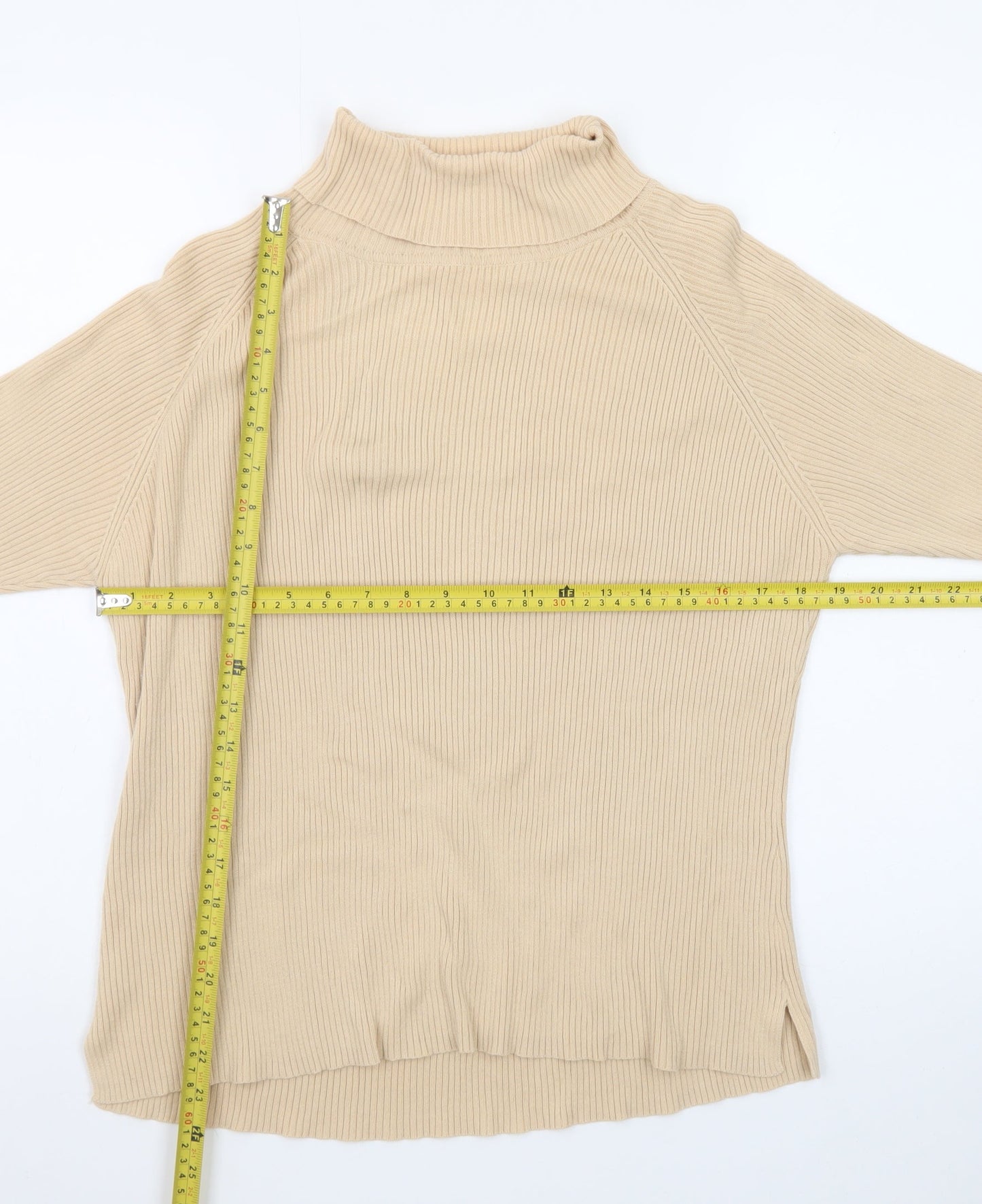 Pierre Cardin Womens Beige Roll Neck Ribbed Knit Cotton Jumper XL