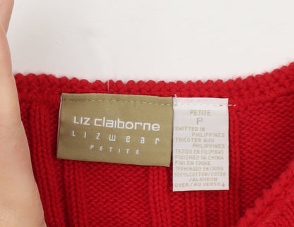 Liz Claiborne Women Red Cable-Knit Cotton Crew Neck Jumper Petite S
