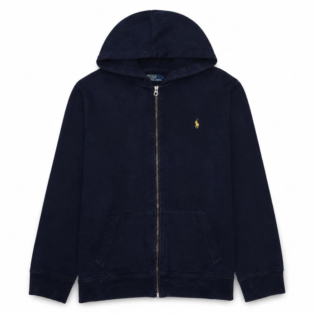 Front view of Ralph Lauren Teens Navy Blue Full Zip Hoodie, size 7, Cotton Blend