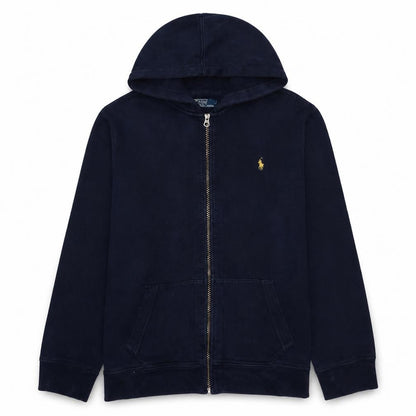 Front view of Ralph Lauren Teens Navy Blue Full Zip Hoodie, size 7, Cotton Blend