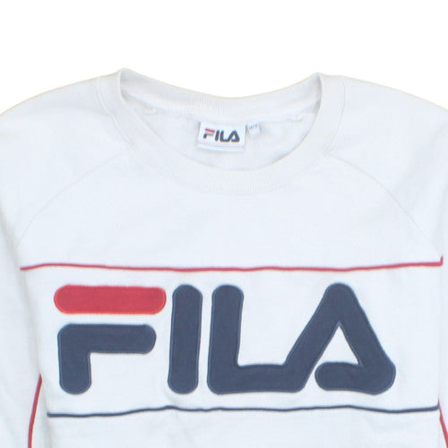 FILA Women White Crew Neck Pullover Sweatshirt Size 12 Logo Print