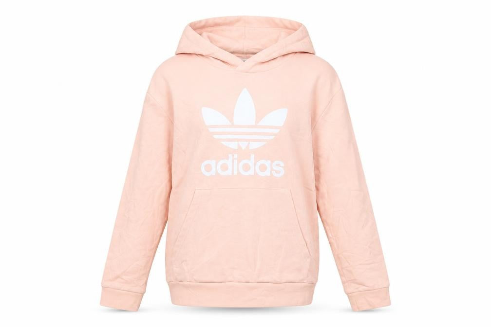Front view of Adidas girls’ pink pullover hoodie 13-14 years logo lightweight sweatshirt