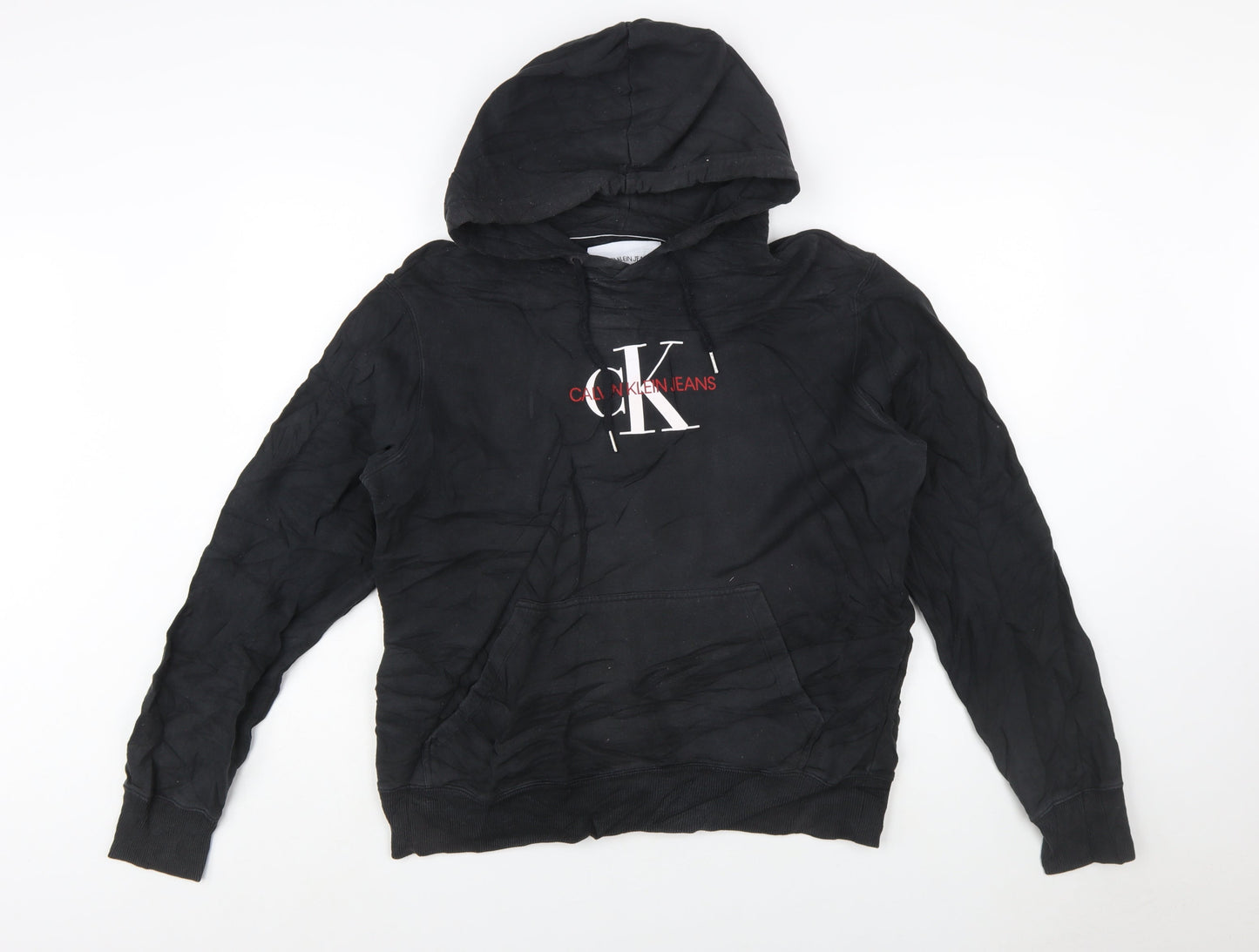 Calvin Klein Jeans Mens Black Pullover Hoodie L Logo Fleece