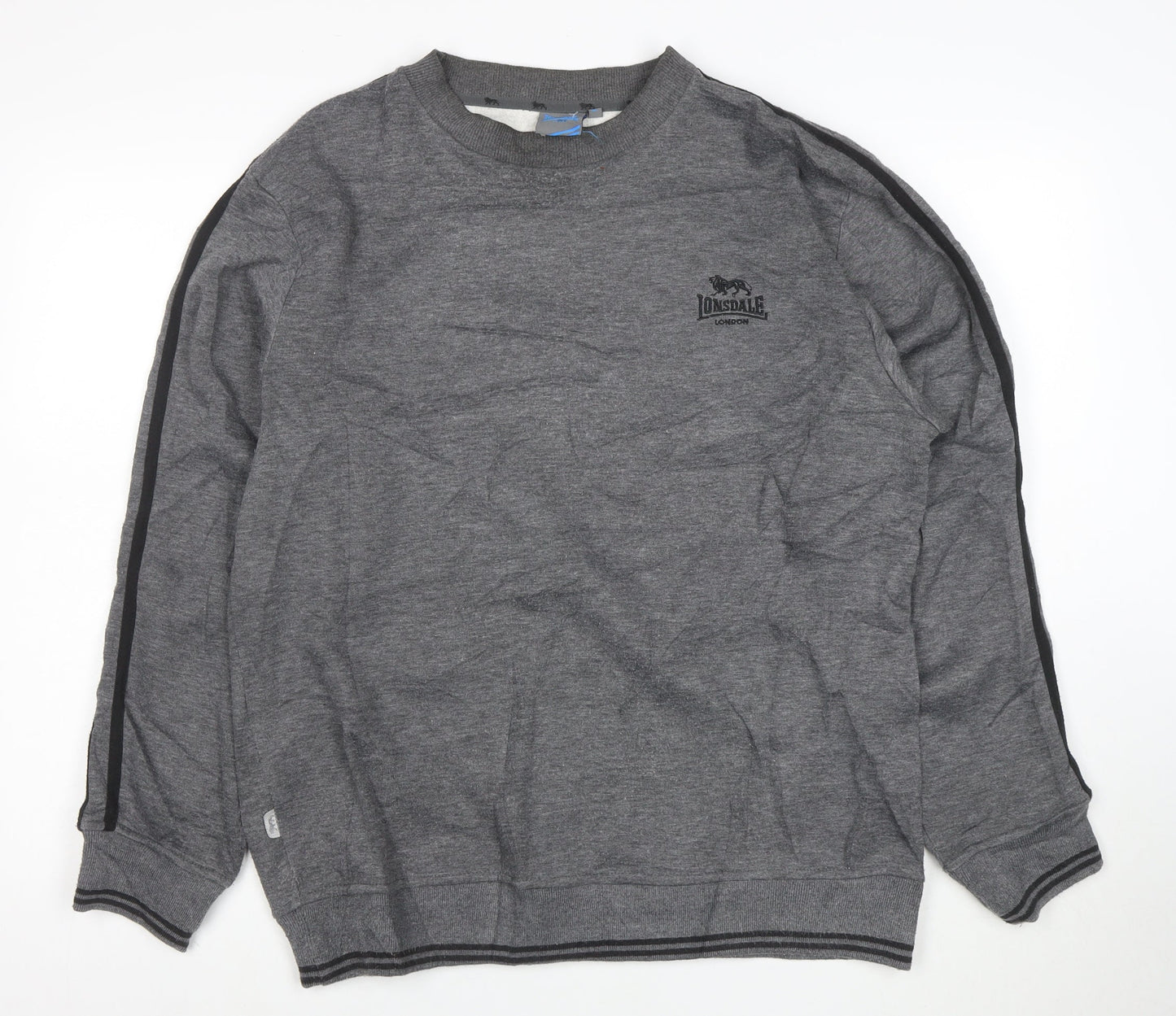Lonsdale Men Grey Pullover Sweatshirt L Logo Sports Crew Neck