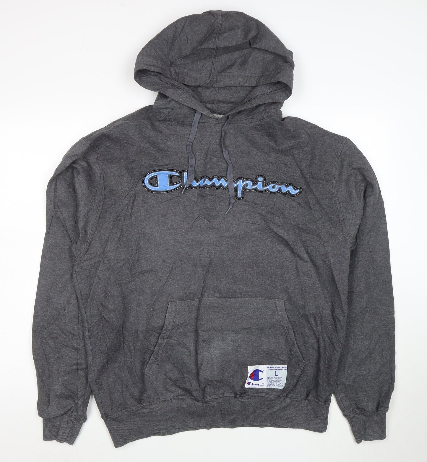 Champion Men's Grey Pullover Hoodie L Logo Embroidered Sportswear