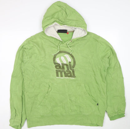 Animal Mens Green Pullover Hoodie L Graphic Print Cotton