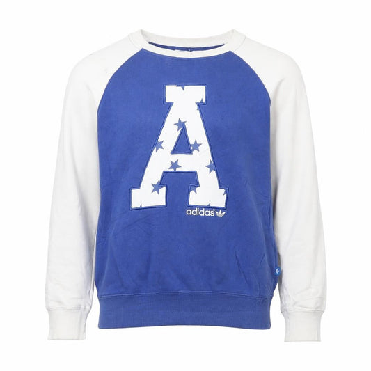 Front view of adidas girls’ blue & white graphic pullover sweatshirt 14 years