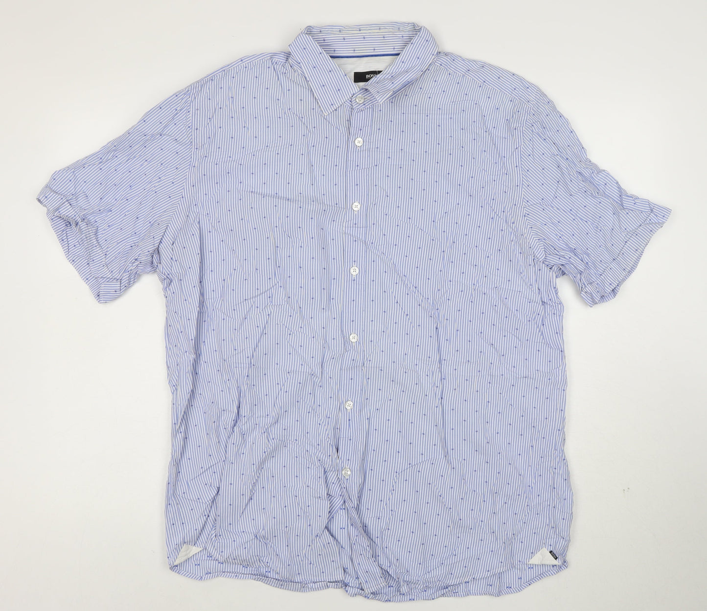 BOSS Hugo Boss Men's Blue Striped Regular Fit Cotton Short Sleeve Shirt XL