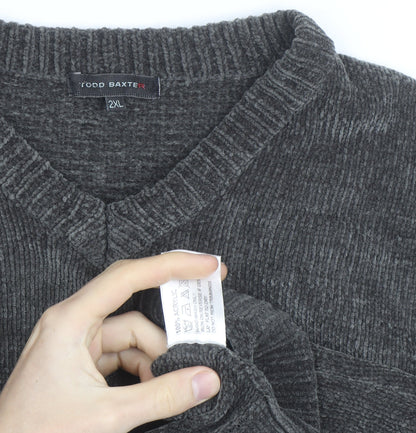 Todd Baxter Men's Grey 2XL V-Neck Chunky Knit Acrylic Jumper
