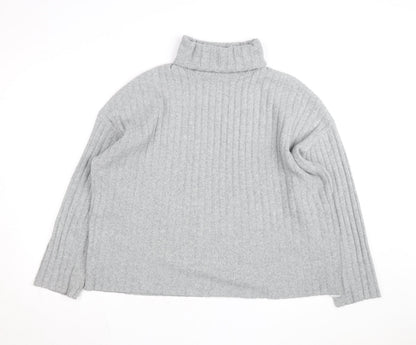 Bershka Women Grey Roll Neck Ribbed Knit Jumper Size L