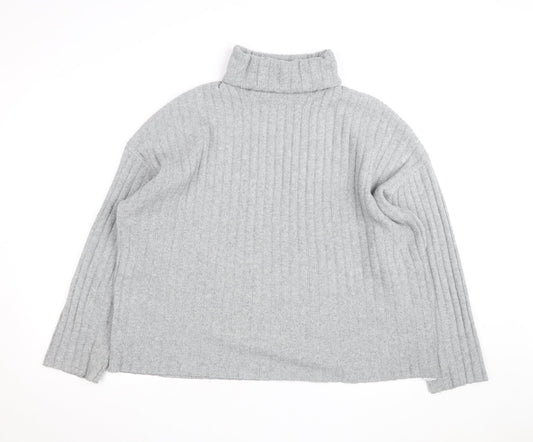 Bershka Women Grey Roll Neck Ribbed Knit Jumper Size L