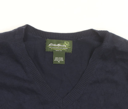 Eddie Bauer Men Blue XL V-Neck Sleeveless Cotton Knit Vest