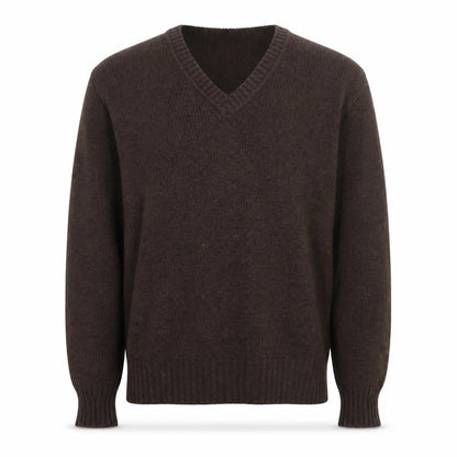 Grendale Mens Brown Wool V-Neck Jumper with Elbow Patches Size M