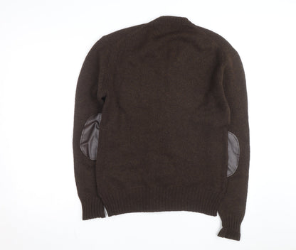 Grendale Mens Brown Wool V-Neck Jumper with Elbow Patches Size M