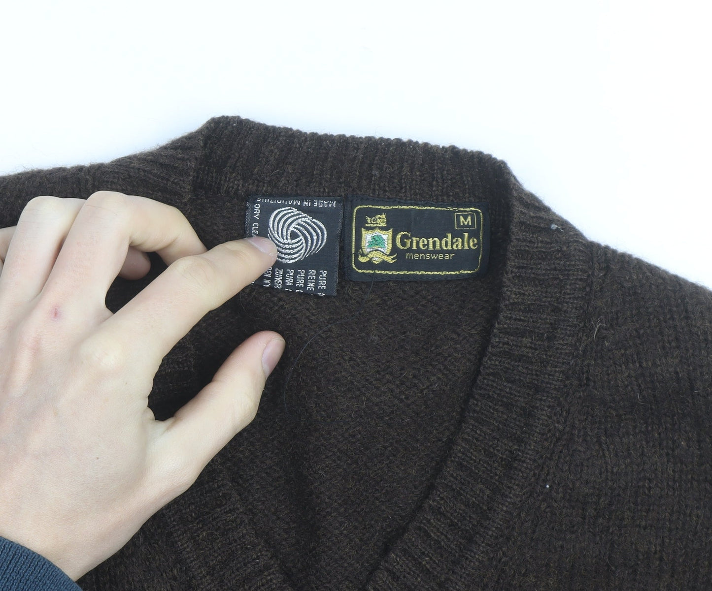 Grendale Mens Brown Wool V-Neck Jumper with Elbow Patches Size M