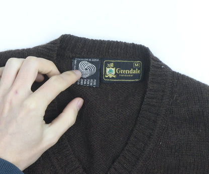 Grendale Mens Brown Wool V-Neck Jumper with Elbow Patches Size M