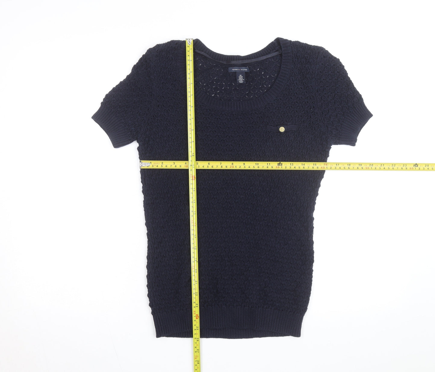 Tommy Hilfiger Women's Blue XS Open-Knit Short Sleeve Jumper