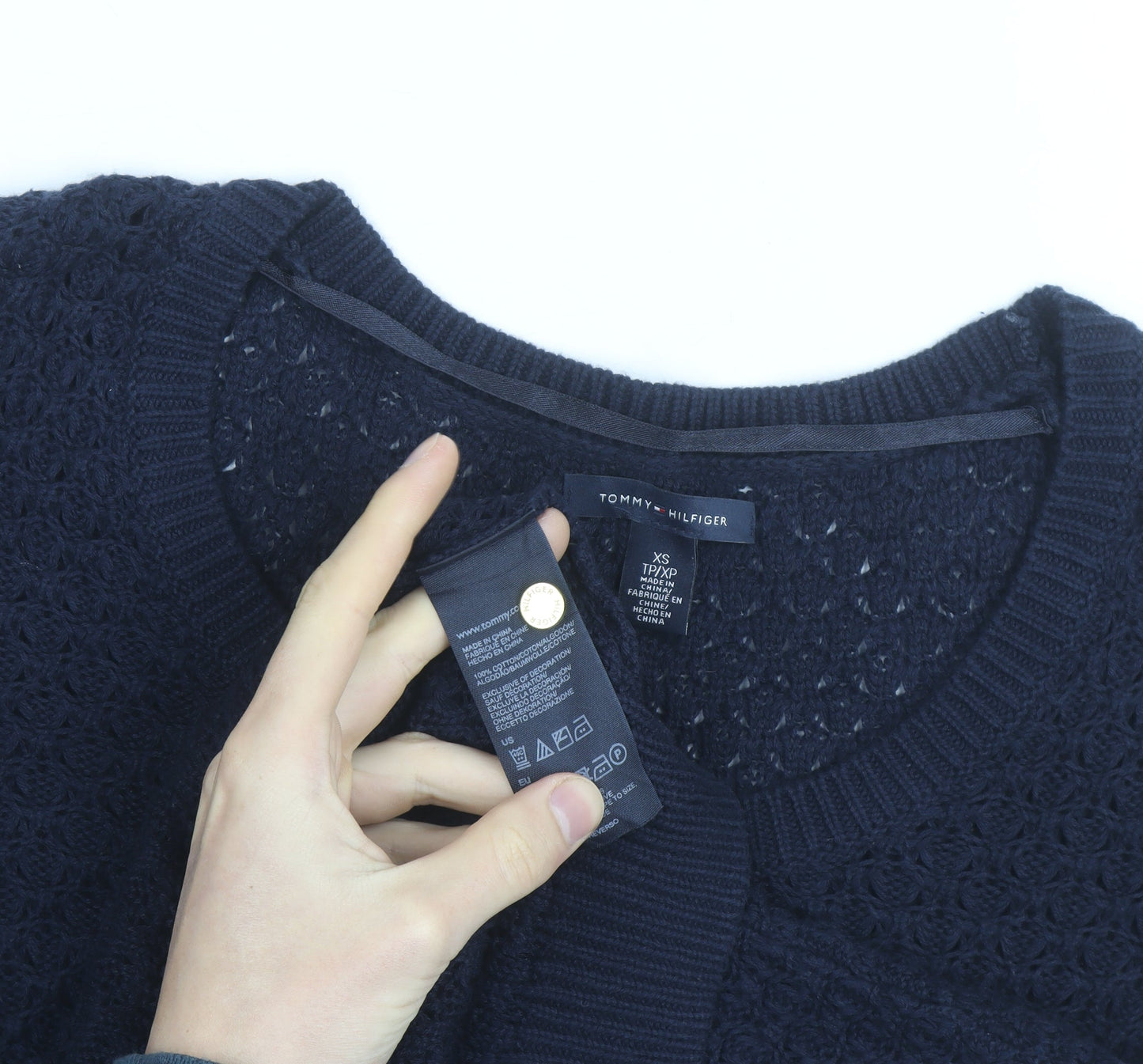 Tommy Hilfiger Women's Blue XS Open-Knit Short Sleeve Jumper