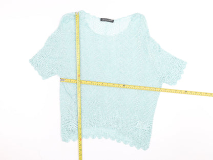 Jacques Vert Women's Blue Open-Knit Short Sleeve Pullover Jumper L