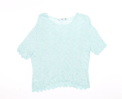Jacques Vert Women's Blue Open-Knit Short Sleeve Pullover Jumper L