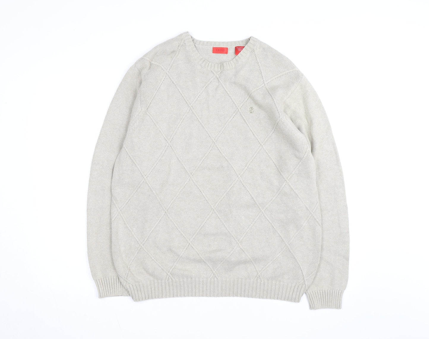 Izod Men's Beige Cotton Argyle Crew Neck Jumper Size L