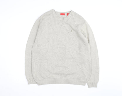 Izod Men's Beige Cotton Argyle Crew Neck Jumper Size L