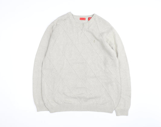 Izod Men's Beige Cotton Argyle Crew Neck Jumper Size L