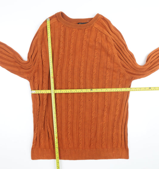 Fusion Men's Orange Cotton Cable Knit Jumper Size L Crew Neck
